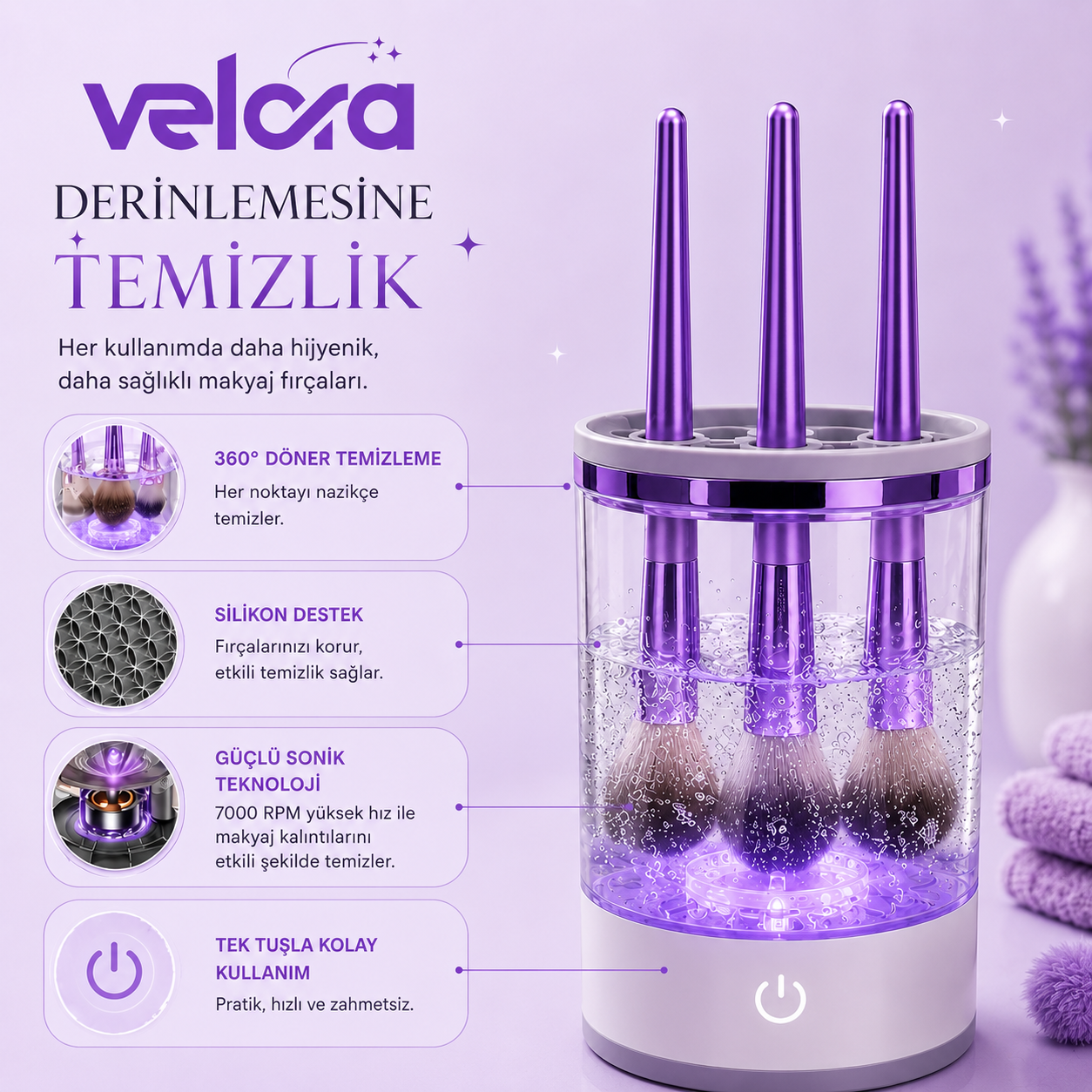 Velora™ Otomatik Makyaj Fırçası Temizleme Cihazı